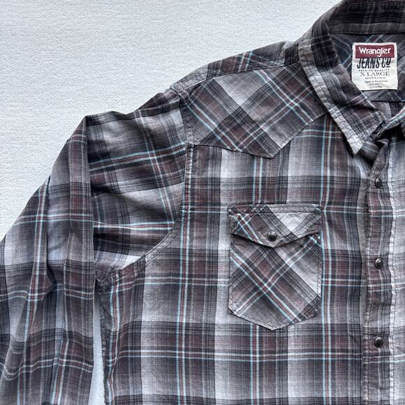 Wrangler Jeans Co Men X Large Plaid Western Shirt Pearl Snap Long Sleeve Gray - Picture 4 of 15